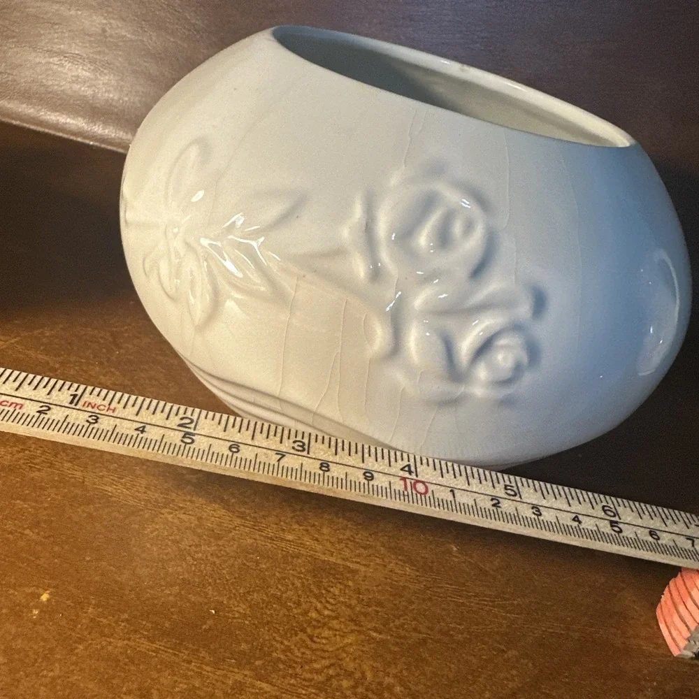 Vintage White Porcelain Embossed Flowers Bowl Vase Portugal 4.5X7